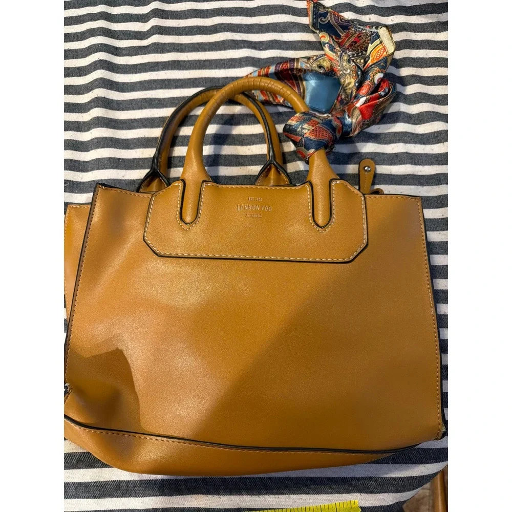 London Fog Tan Belmont Satchel Handbag with Paisley Scarf Accent